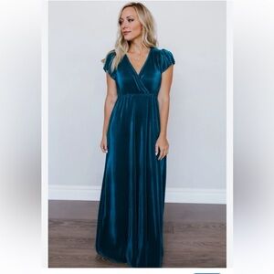 Baltic Born Faux Wrap Maxi Dress Teal Ribbed Stretchy Wedding Guest Elegant Lg